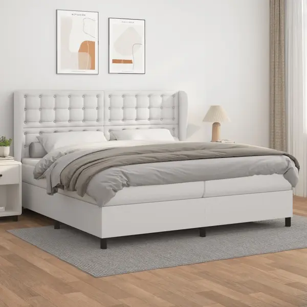 Gossi pat box spring cu saltea, alb, 200x200 cm, piele ecologica