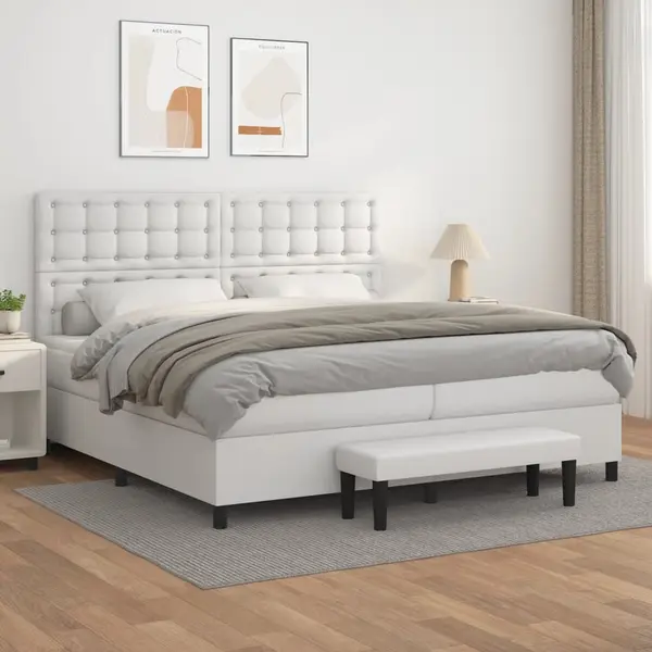 Gossi pat box spring cu saltea, alb, 200x200 cm, piele ecologica