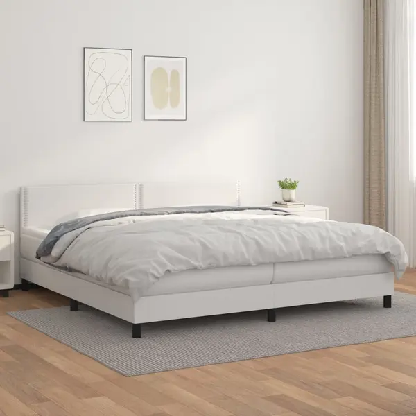 Gossi pat box spring cu saltea, alb, 200x200 cm, piele ecologica