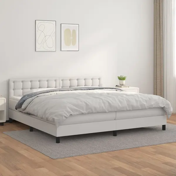 Gossi pat box spring cu saltea, alb, 200x200 cm, piele ecologica