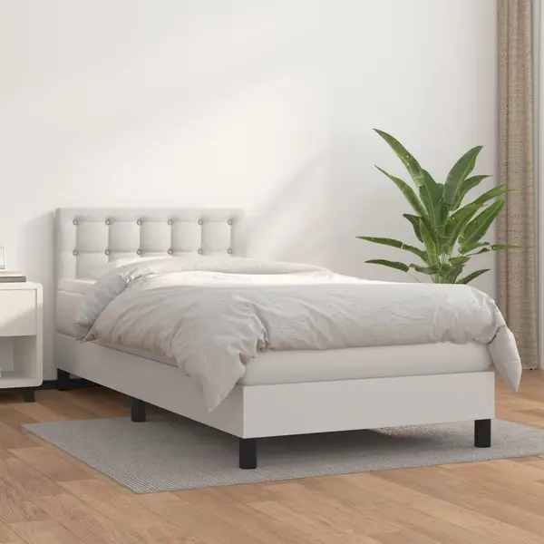 Gossi pat box spring cu saltea, alb, 80x200 cm, piele ecologica