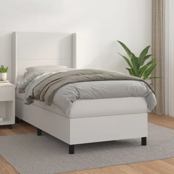 Gossi pat box spring cu saltea, alb, 90x200 cm, piele ecologica