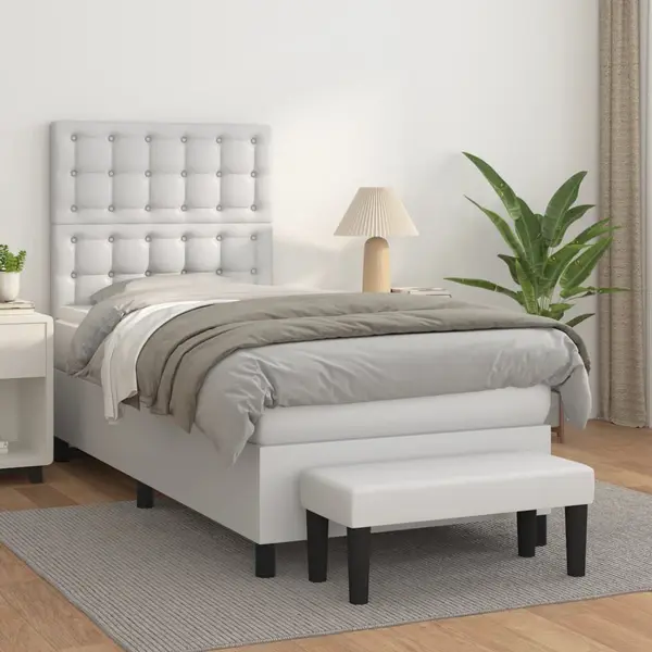 Gossi pat box spring cu saltea, alb, 90x200 cm, piele ecologica