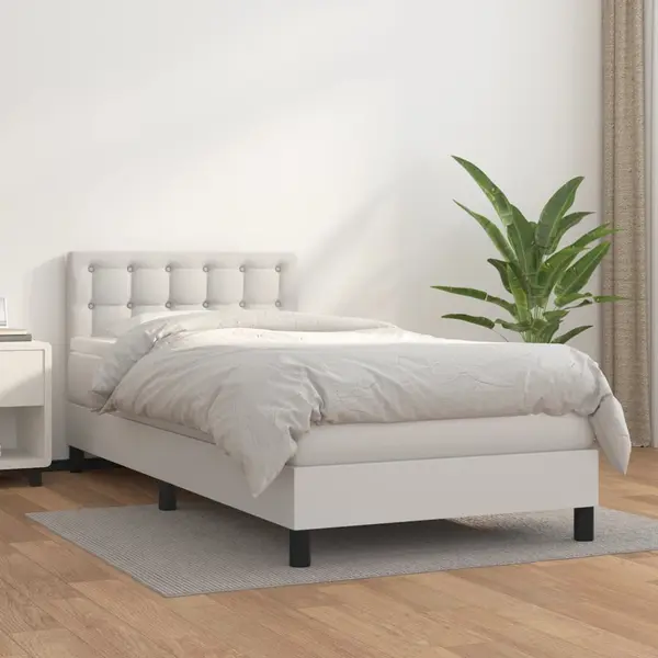 Gossi pat box spring cu saltea, alb, 90x200 cm, piele ecologica