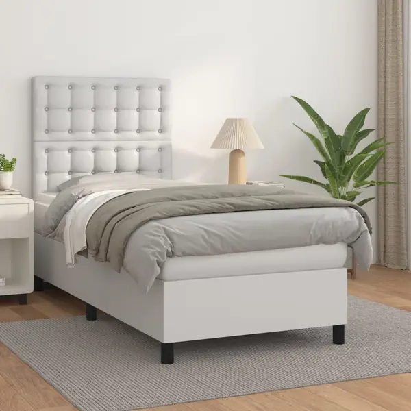 Gossi pat box spring cu saltea, alb, 90x200 cm, piele ecologica