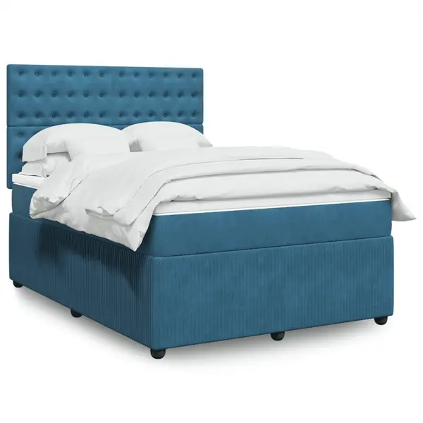 Gossi pat box spring cu saltea, albastru, 140x190 cm, catifea