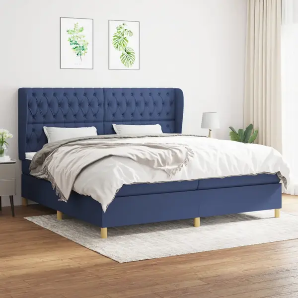 Gossi pat box spring cu saltea, albastru, 200x200 cm, textil