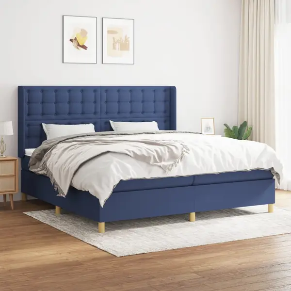 Gossi pat box spring cu saltea, albastru, 200x200 cm, textil