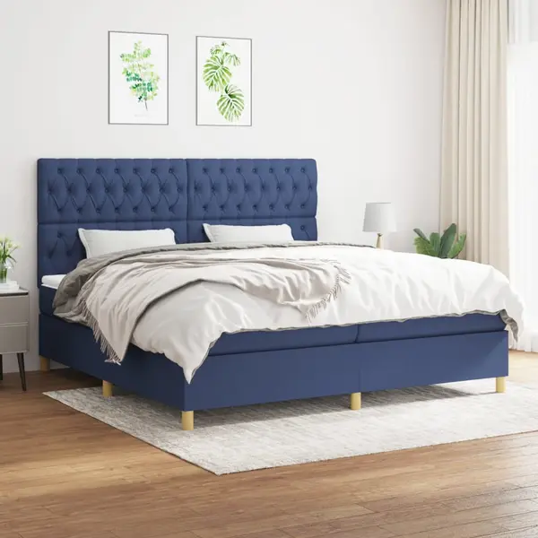 Gossi pat box spring cu saltea, albastru, 200x200 cm, textil