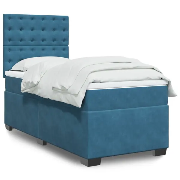 Gossi pat box spring cu saltea, albastru, 90x200 cm, catifea