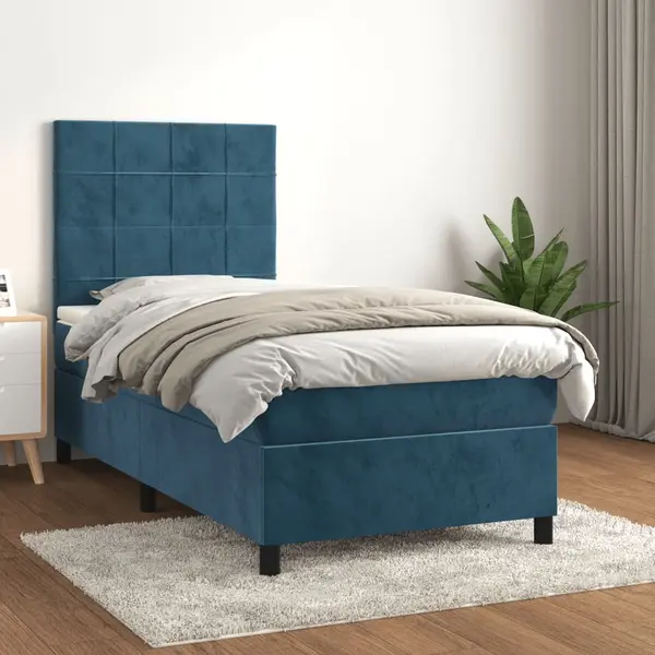 Gossi pat box spring cu saltea, albastru inchis, 100x200 cm, catifea