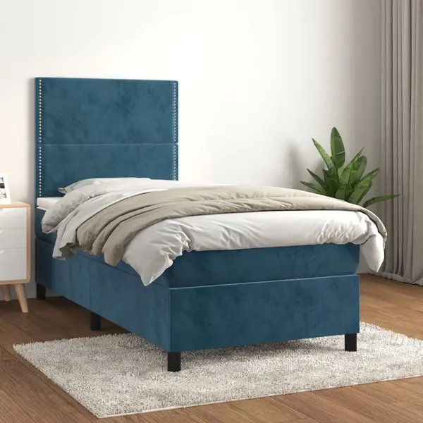 Gossi pat box spring cu saltea, albastru inchis, 100x200 cm, catifea