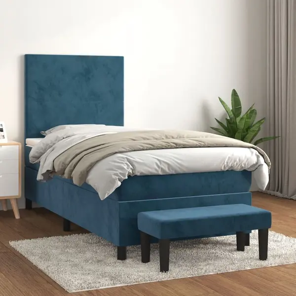 Gossi pat box spring cu saltea, albastru inchis, 100x200 cm, catifea