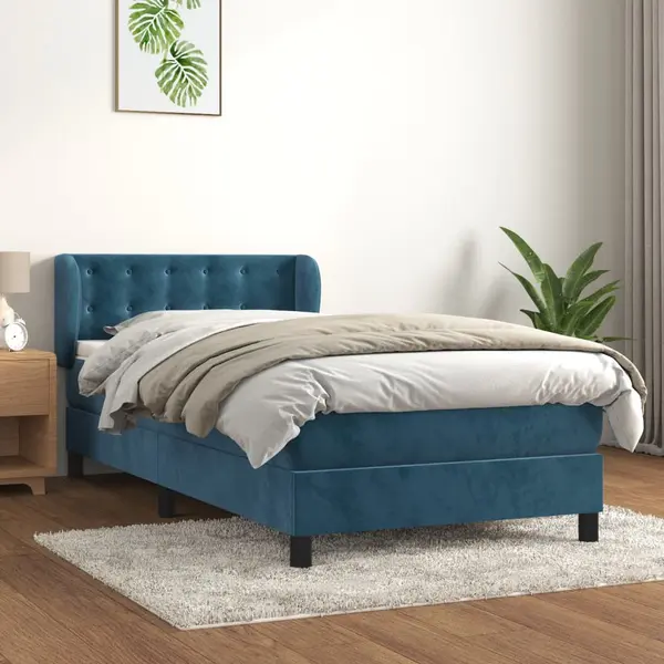 Gossi pat box spring cu saltea, albastru inchis, 100x200 cm, catifea