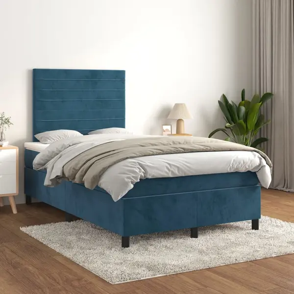 Gossi pat box spring cu saltea, albastru inchis, 120x200 cm, catifea