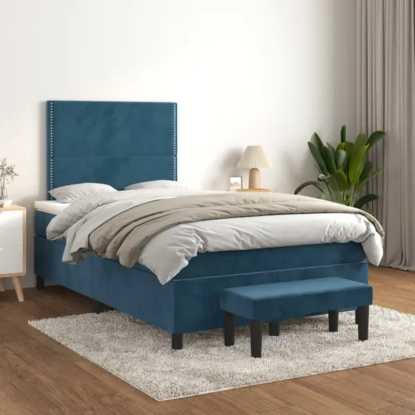 Gossi pat box spring cu saltea, albastru inchis, 120x200 cm, catifea