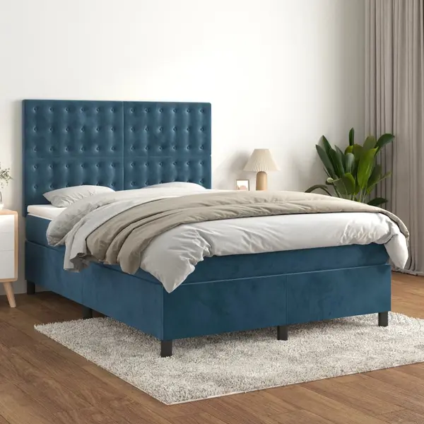 Gossi pat box spring cu saltea, albastru inchis, 140x190 cm, catifea