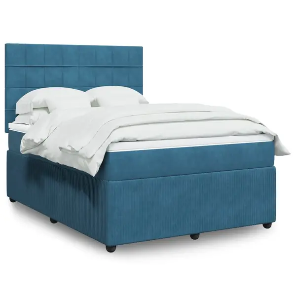 Gossi pat box spring cu saltea, albastru inchis, 140x200 cm, catifea