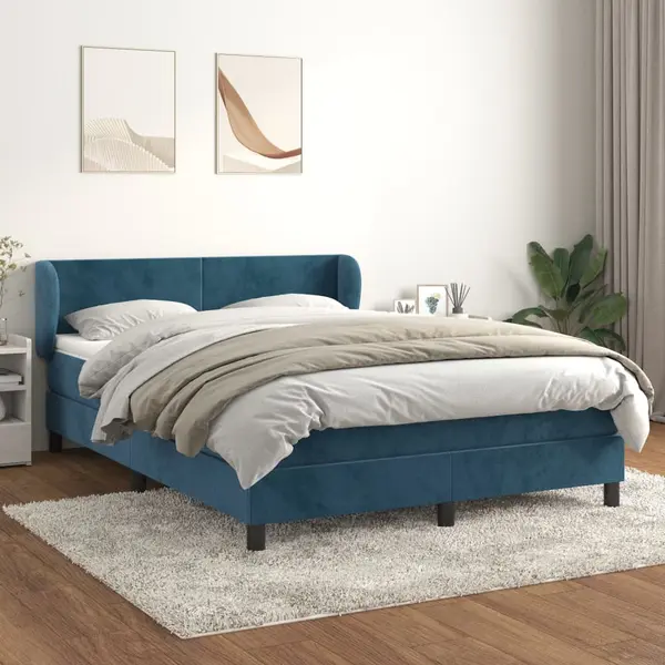 Gossi pat box spring cu saltea, albastru inchis, 140x200 cm, catifea