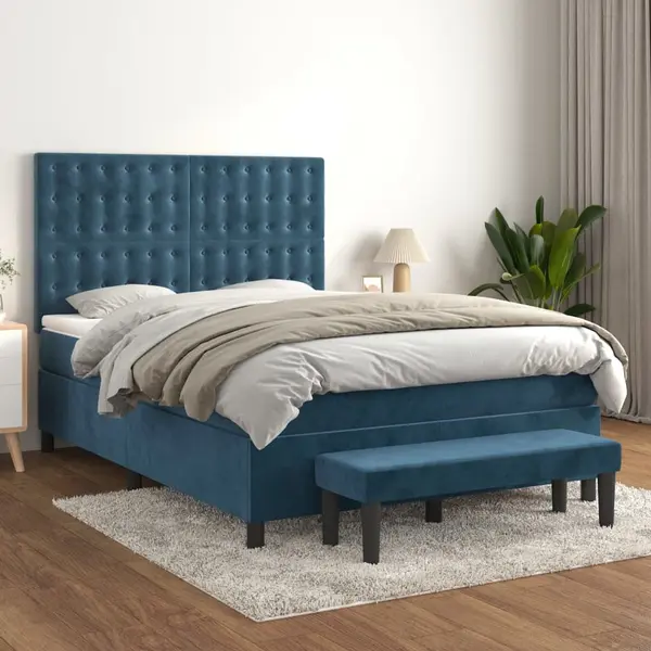 Gossi pat box spring cu saltea, albastru inchis, 140x200 cm, catifea