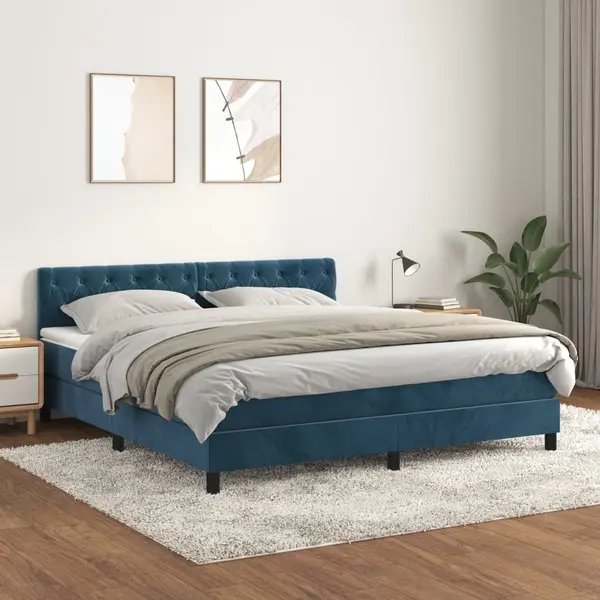 Gossi pat box spring cu saltea, albastru inchis, 160x200 cm, catifea