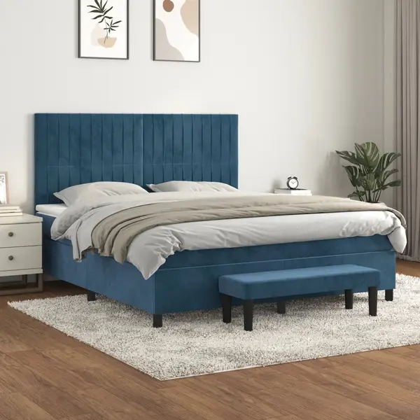 Gossi pat box spring cu saltea, albastru inchis, 160x200 cm, catifea