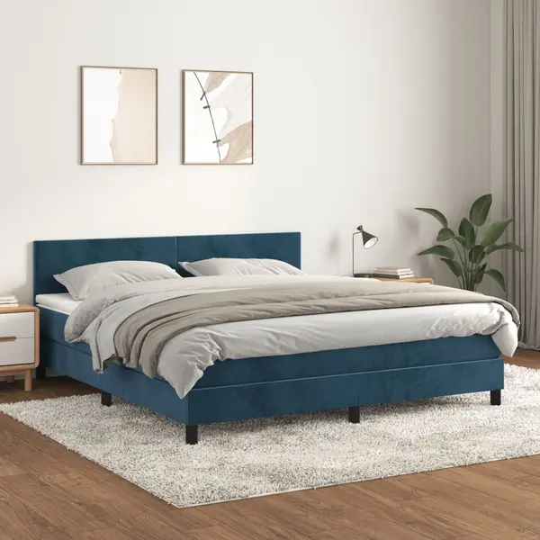 Gossi pat box spring cu saltea, albastru inchis, 160x200 cm, catifea
