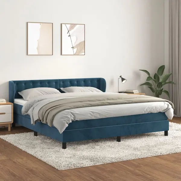 Gossi pat box spring cu saltea, albastru inchis, 160x200 cm, catifea