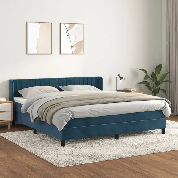 Gossi pat box spring cu saltea, albastru inchis, 160x200 cm, catifea