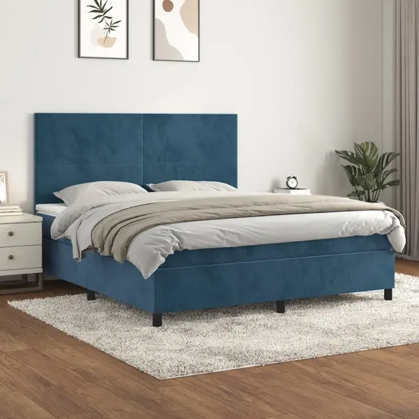 Gossi pat box spring cu saltea, albastru inchis, 160x200 cm, catifea