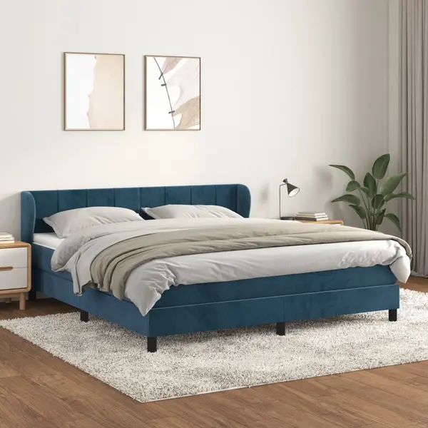 Gossi pat box spring cu saltea, albastru inchis, 160x200 cm, catifea