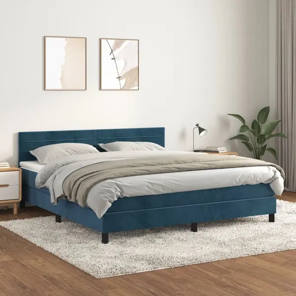 Gossi pat box spring cu saltea, albastru inchis, 160x200 cm, catifea