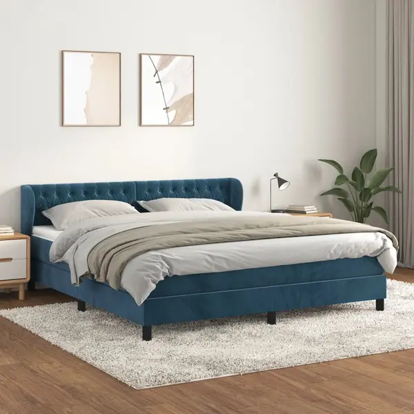 Gossi pat box spring cu saltea, albastru inchis, 160x200 cm, catifea