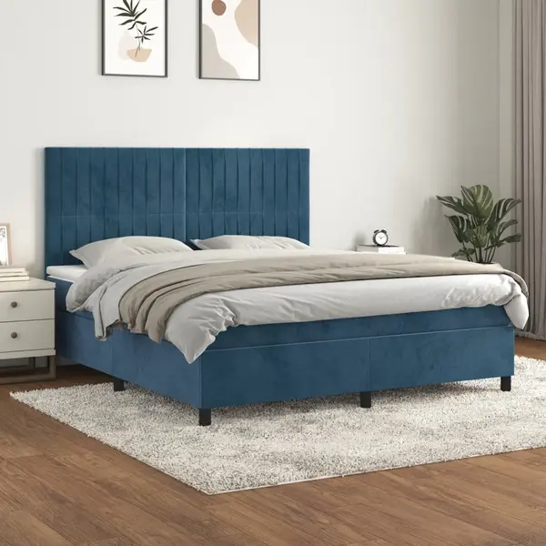 Gossi pat box spring cu saltea, albastru inchis, 180x200 cm, catifea
