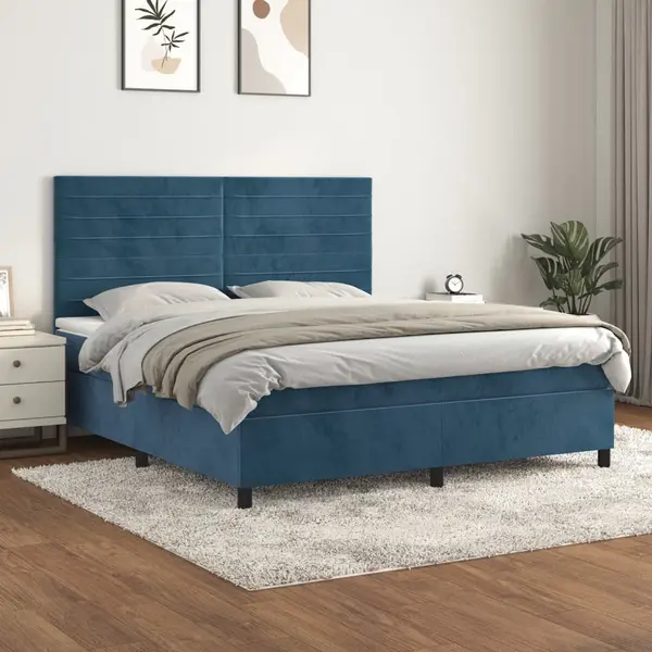 Gossi pat box spring cu saltea, albastru inchis, 180x200 cm, catifea