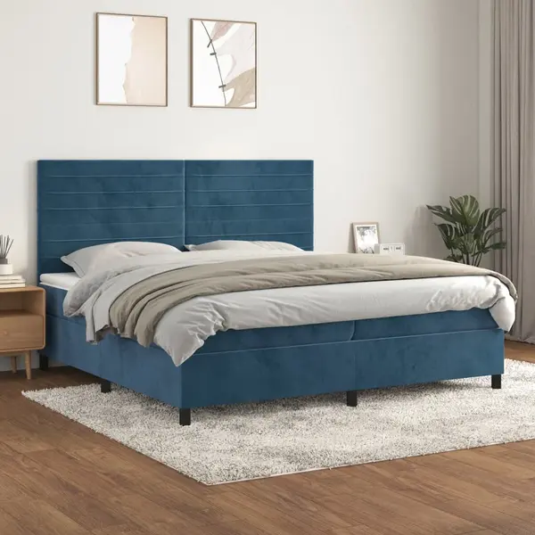 Gossi pat box spring cu saltea, albastru inchis, 200x200 cm, catifea