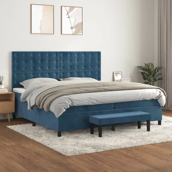 Gossi pat box spring cu saltea, albastru inchis, 200x200 cm, catifea
