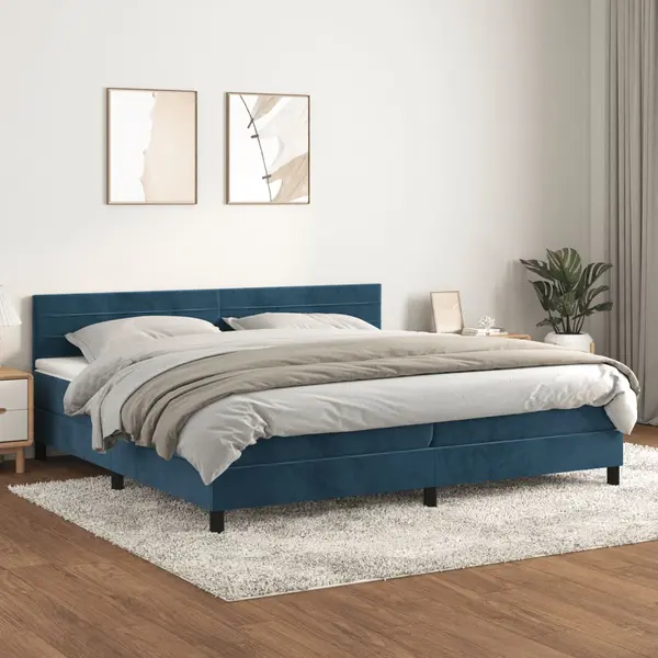 Gossi pat box spring cu saltea, albastru inchis, 200x200 cm, catifea