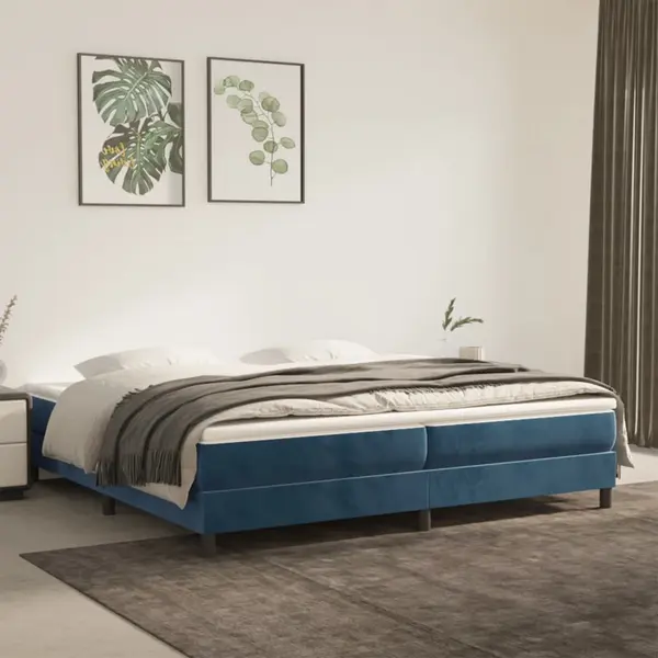 Gossi pat box spring cu saltea, albastru inchis, 200x200 cm, catifea