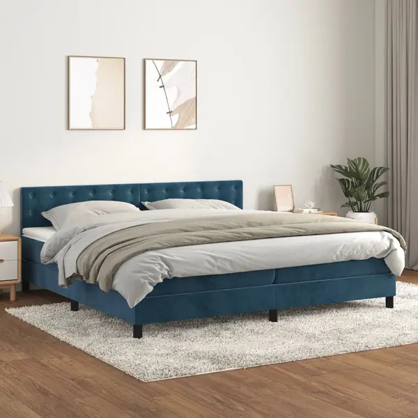 Gossi pat box spring cu saltea, albastru inchis, 200x200 cm, catifea