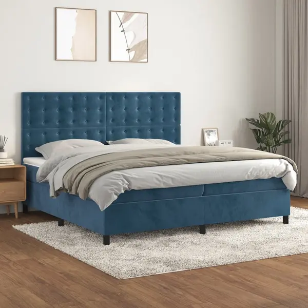 Gossi pat box spring cu saltea, albastru inchis, 200x200 cm, catifea