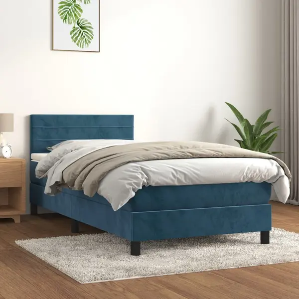 Gossi pat box spring cu saltea, albastru inchis, 80x200 cm, catifea