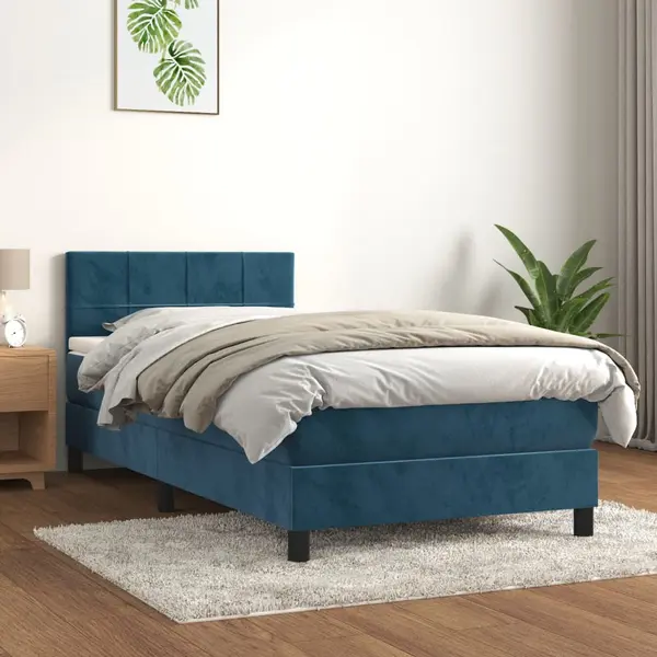 Gossi pat box spring cu saltea, albastru inchis, 90x190 cm, catifea