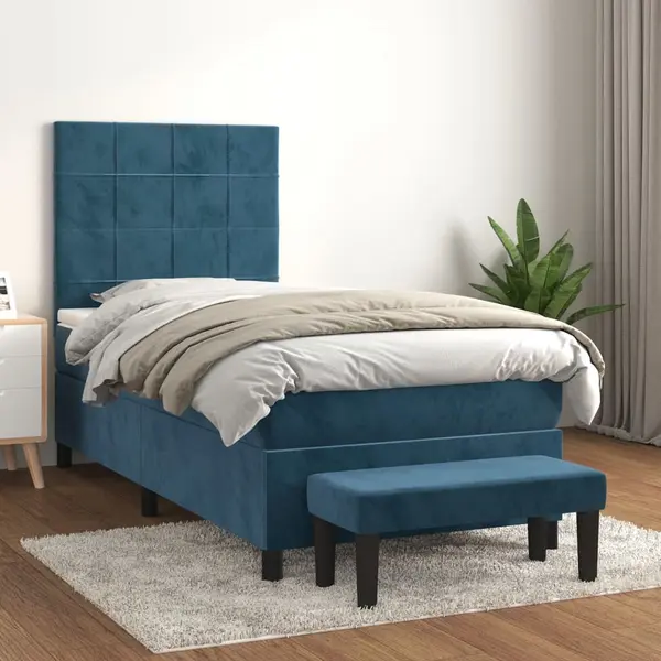 Gossi pat box spring cu saltea, albastru inchis, 90x190 cm, catifea