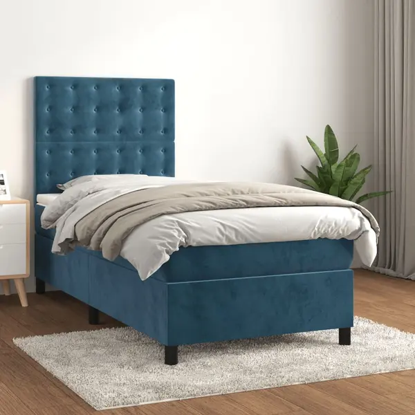 Gossi pat box spring cu saltea, albastru inchis, 90x190 cm, catifea