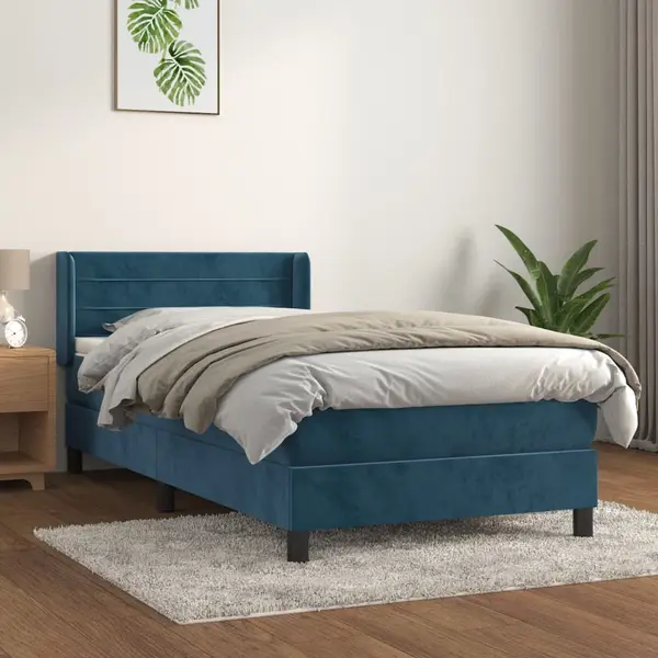 Gossi pat box spring cu saltea, albastru inchis, 90x190 cm, catifea