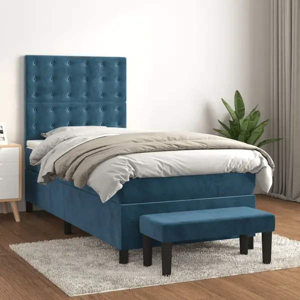 Gossi pat box spring cu saltea, albastru inchis, 90x200 cm, catifea