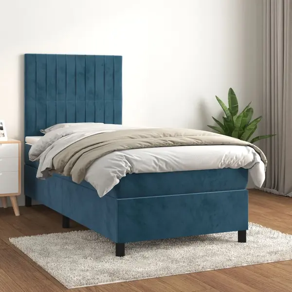Gossi pat box spring cu saltea, albastru inchis, 90x200 cm, catifea