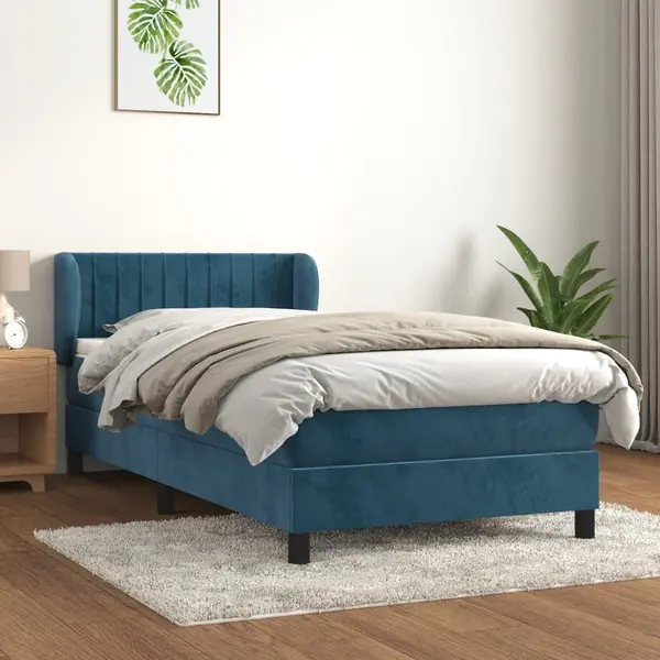 Gossi pat box spring cu saltea, albastru inchis, 90x200 cm, catifea