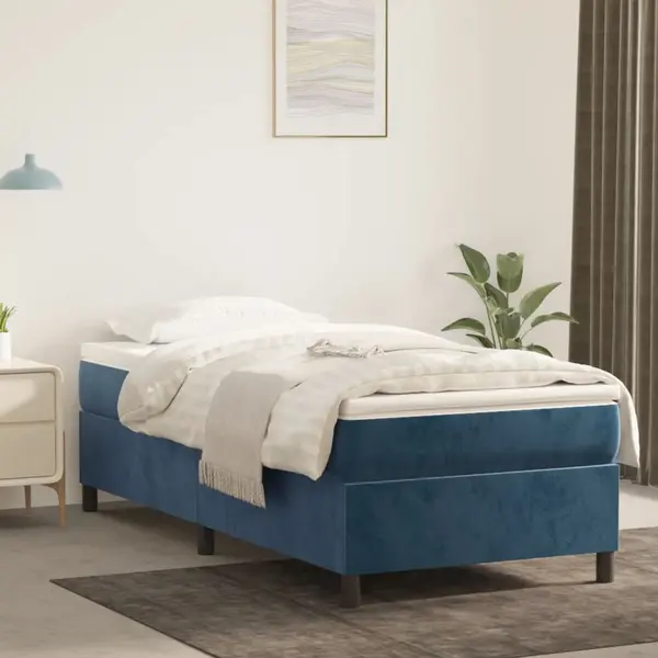 Gossi pat box spring cu saltea, albastru inchis, 90x200 cm, catifea